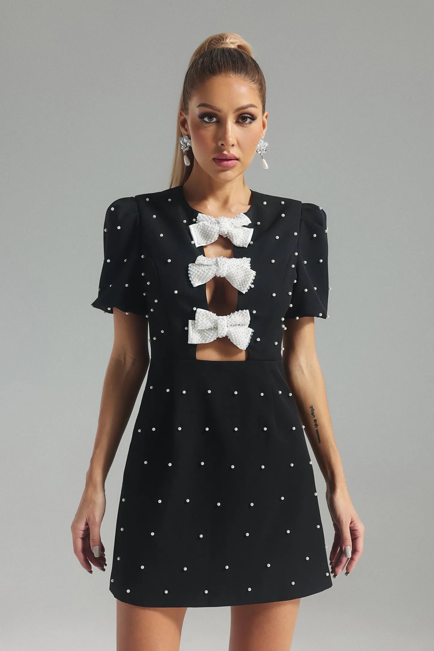 Embellished Short Pearl Bow knot Mini Dress